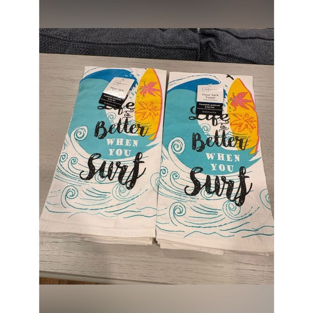 Mainstays Surf Kitchen Two Towels in White, Blue, Yellow